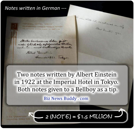 Albert Einstein's notes given to bellboy in 1922.